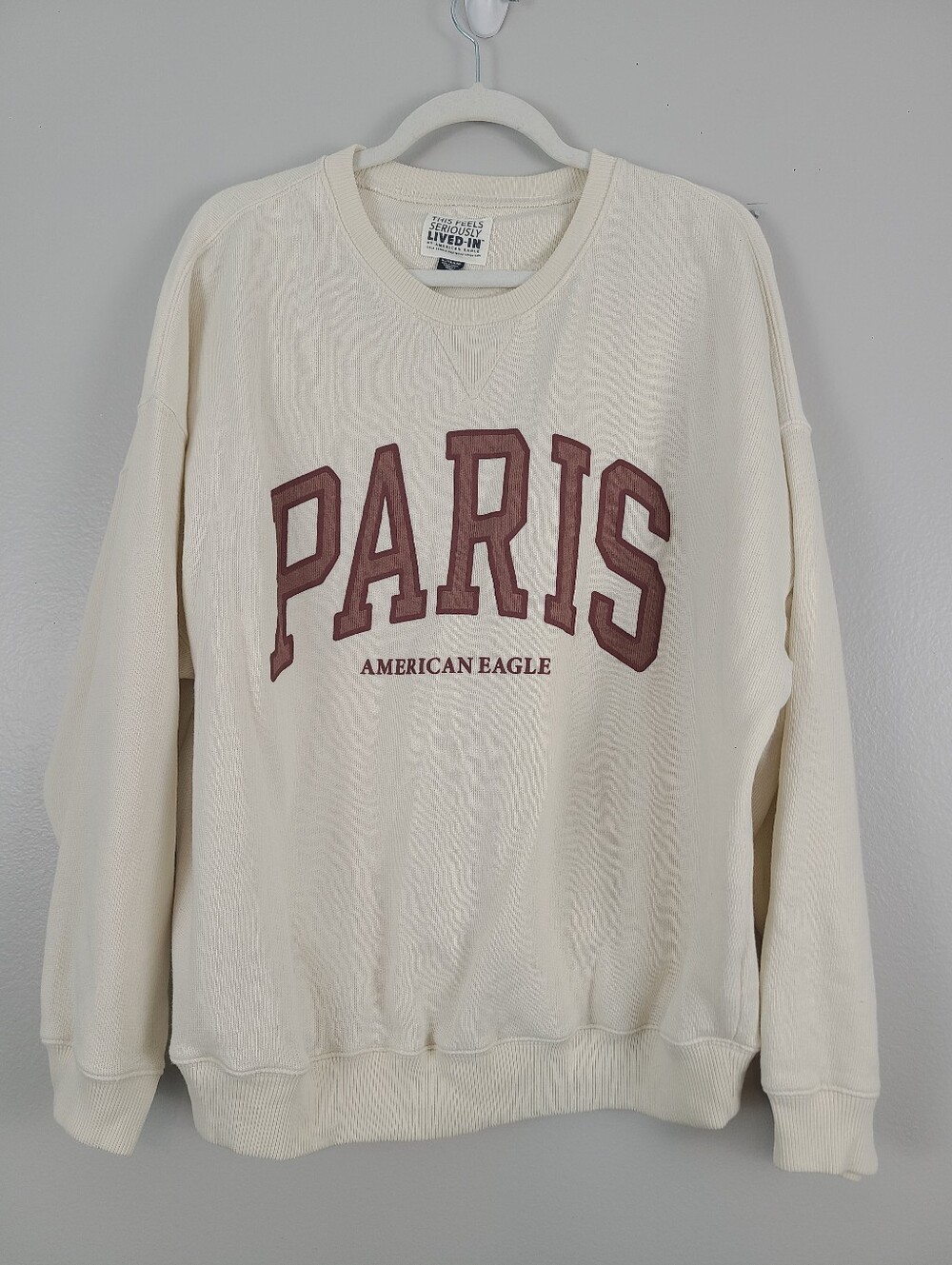 American Eagle Off-white & Dark Red Lived-in Pullover Crewneck "PARIS" Sweater